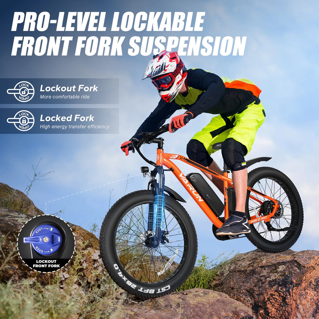 VARUN E Bikes - Peak 750W Ebikes for Adults - Fat Tire Electric Bike Up to 25MPH 60+ Miles with 48V 13AH Removable Battery - 26" Electric Mountain Bike Features 7-Speed, Lockable Suspension