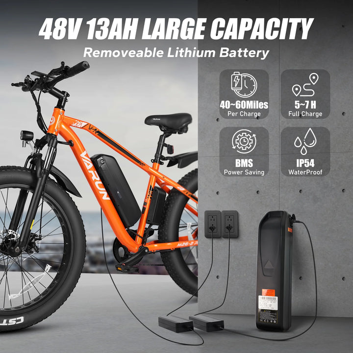 VARUN E Bikes - Peak 750W Ebikes for Adults - Fat Tire Electric Bike Up to 25MPH 60+ Miles with 48V 13AH Removable Battery - 26" Electric Mountain Bike Features 7-Speed, Lockable Suspension